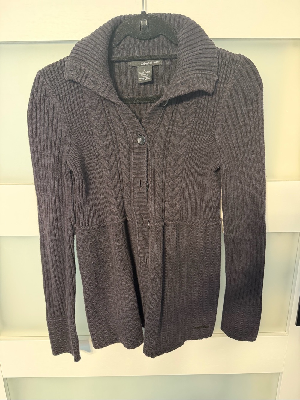 Calvin Klein Charcoal Ribbed Cable-Knit Shawl Collar Cardigan